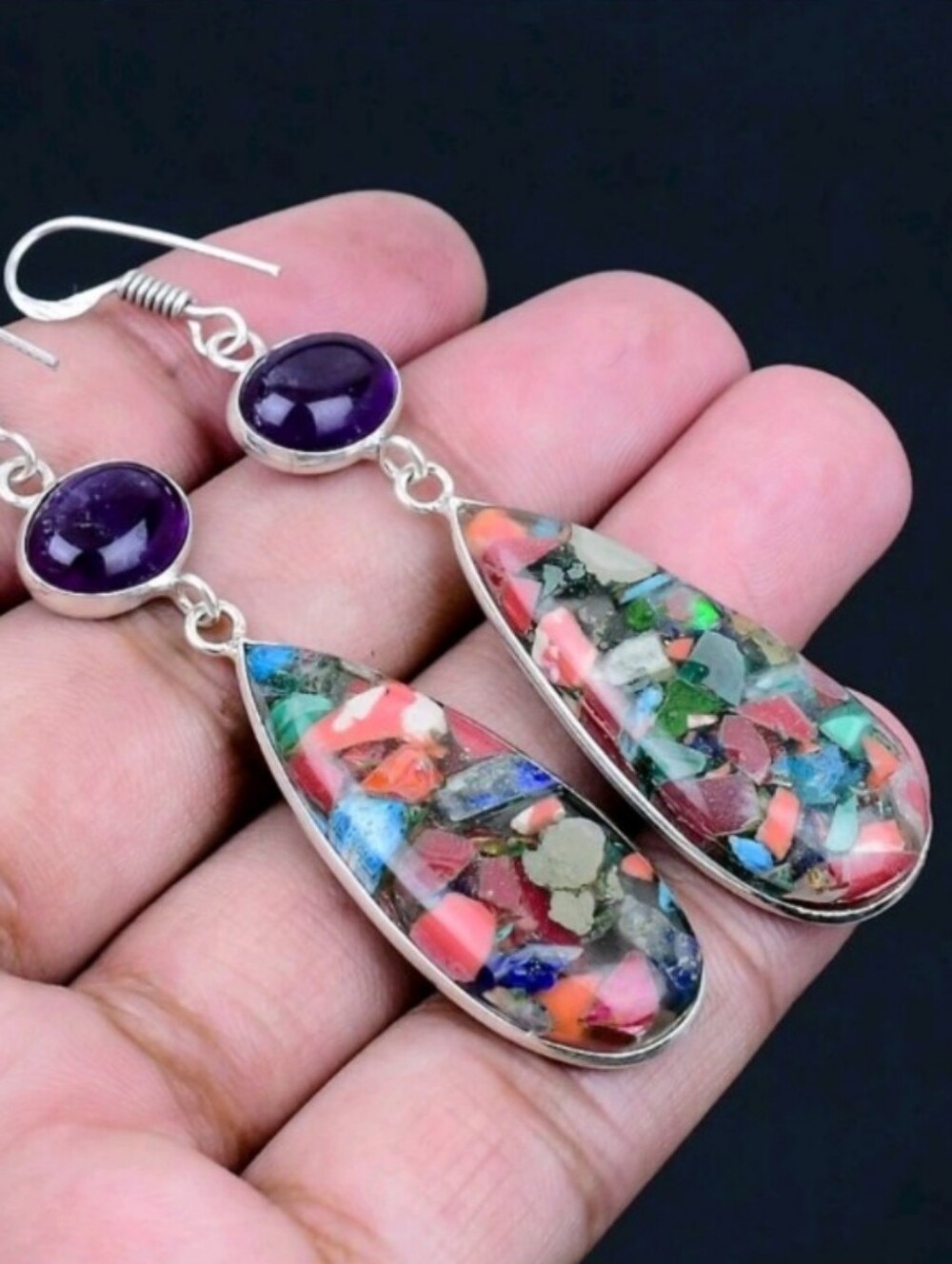 Spiny Oyster Turquoise, Amethyst 925 Sterling Silver Handmade Earrings